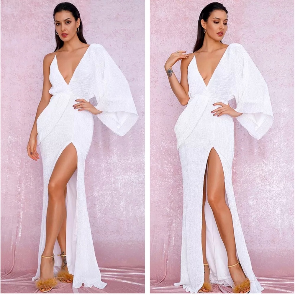 FASHION NOVA LUXE White Sequin Draped Prom/Homecoming/Evening Gown